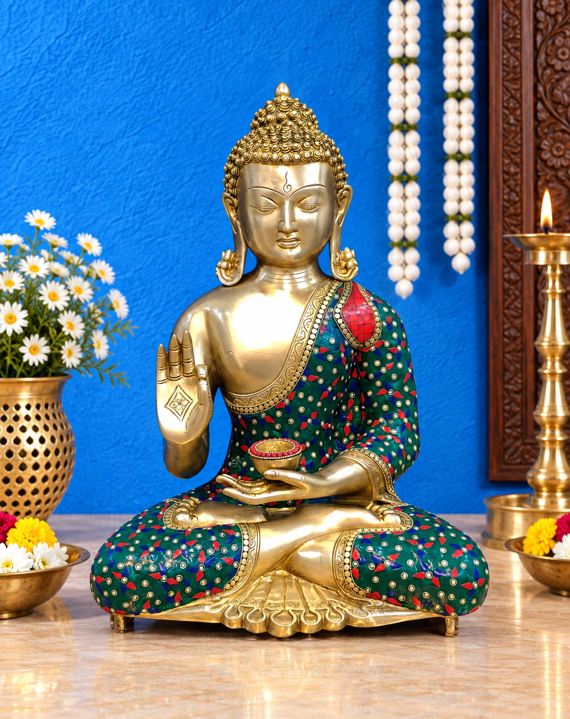 ब्रासौरम™ शुद्ध पीतल की आशीर्वाद देने वाली बुद्ध प्रतिमा औषधि कटोरे के साथ - ऊंचाई 20 इंच, वज़न 20 किलो