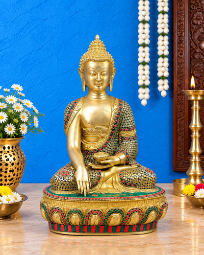 ब्रासौर™ हाथ से बनी पीतल की बुद्ध प्रतिमा - भूमिस्पर्श मुद्रा में – ऊँचाई 16 इंच, वज़न 11 किग्रा