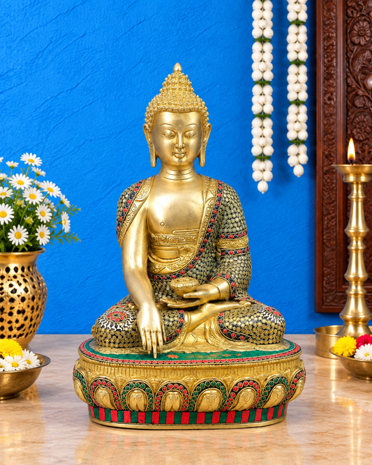 Brassaura® Buddha Sitting in Bhumisparsha Mudra with Medicine Bowl & Multicolor Stonework | Pure Superfine Brass Handcrafted Murti | Brass Statue for Home Temple, Pooja Room | Height 16 Inches | Weight 11 Kgs
