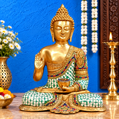 Brassaura® Lord Buddha Sitting in Aashirvaad Abhaya Mudra with Medicine Bowl & Multicolor Stonework Finish | Pure Superfine Brass Handcrafted Murti | Brass Statue for Home Temple, Pooja Room | Height 17 Inches | Weight 11 Kgs