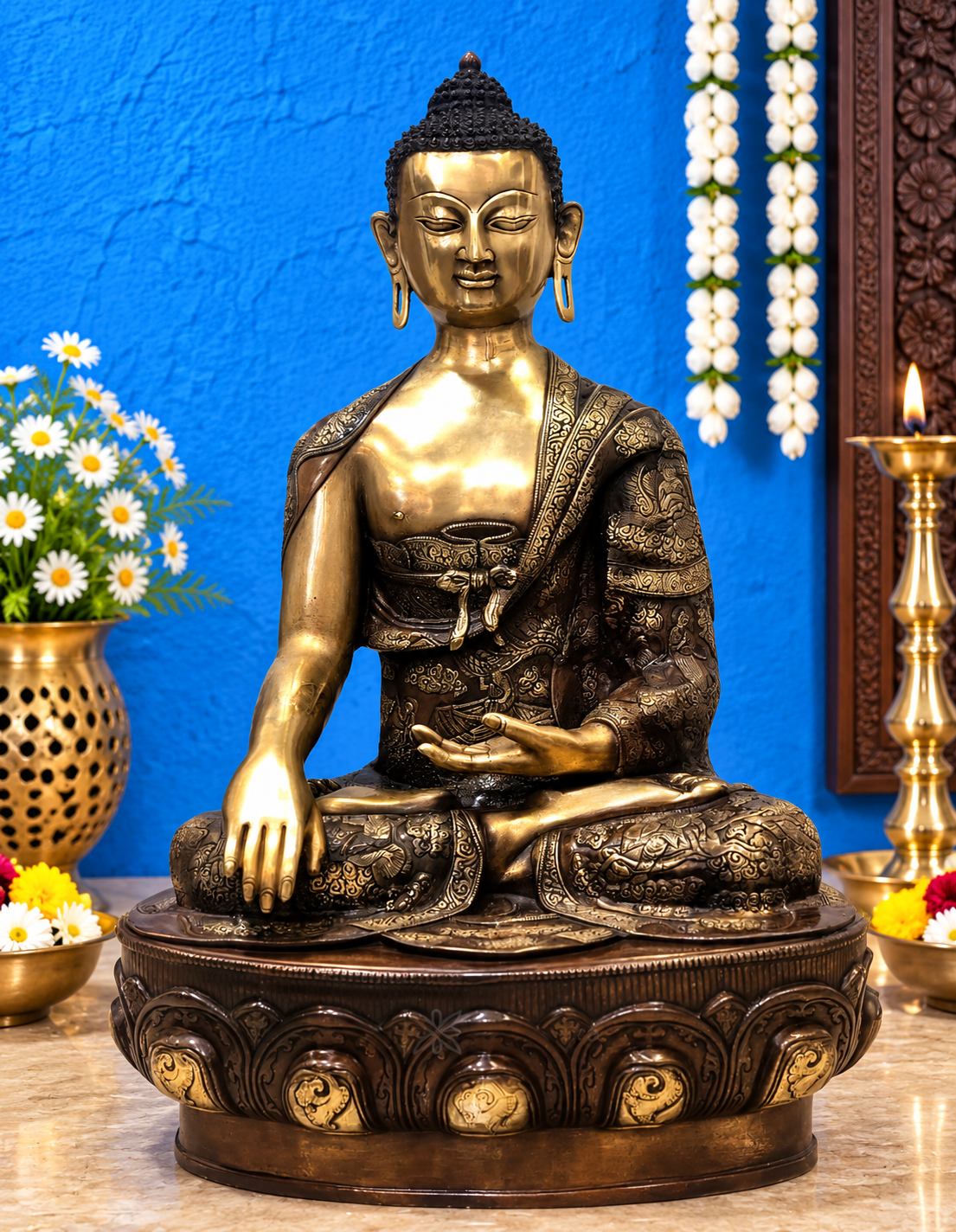 ब्रासौर™ शुद्ध पीतल की बड़ी बुद्ध प्रतिमा जिसमें उत्कीर्ण जीवन कहानी है – ऊंचाई 33 इंच, वज़न 48 किलोग्राम