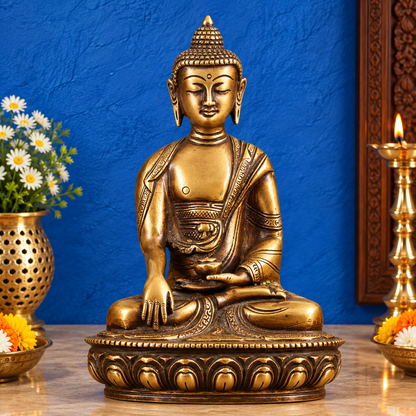 Brassaura® Buddha Sitting in Bhumisparsha Mudra with Antique Brass Finish | Pure Superfine Brass Handcrafted Murti | Brass Statue for Home Temple, Pooja Room | Height 8 Inches | Weight 2.25 Kgs