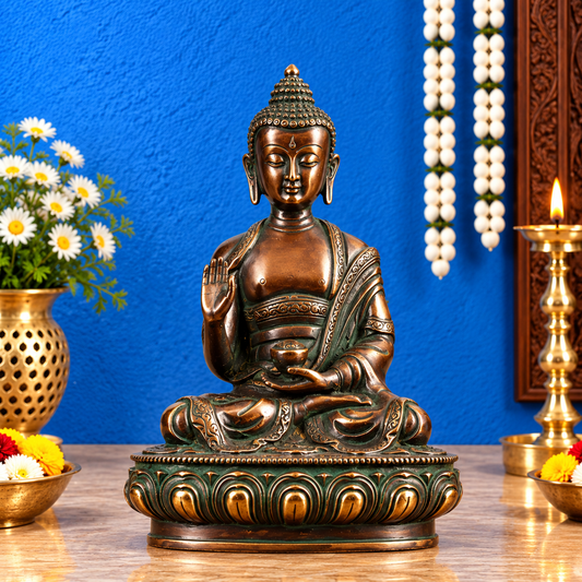 Brassaura® Buddha Sitting in Bhumisparsha Mudra with Antique Finish | Pure Superfine Brass Handcrafted Murti | Brass Statue for Home Temple, Pooja Room | Height 8 Inches | Weight 2.25 Kgs
