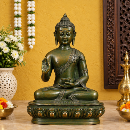 Brassaura® Buddha Sitting in Blessing Mudra with Green Antique Finish | Pure Superfine Brass Handcrafted Murti | Brass Statue for Home Temple, Pooja Room | Height 10.5 Inches | Weight 3.42 Kgs