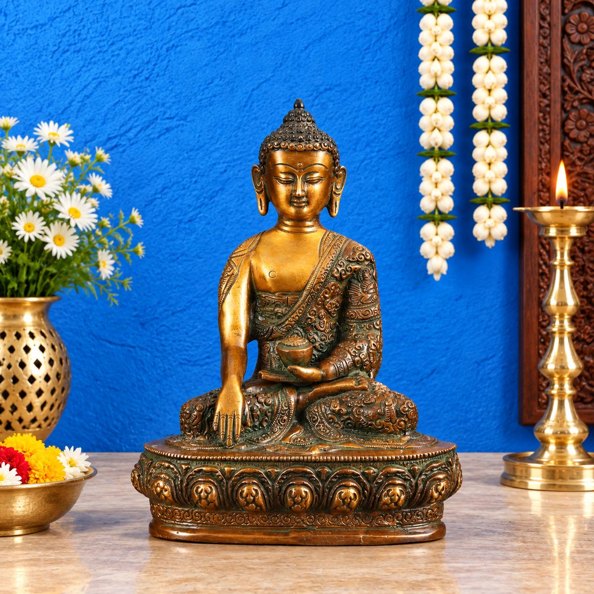 ब्रासौड़ा™ प्योर ब्रास बुद्ध भूमिस्पर्श उत्कीर्ण प्रतिमा दोहरे रंग में - ऊंचाई 9 इंच, वज़न 2.73 किलोग्राम