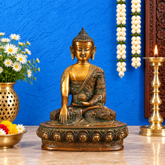 Brassaura® Buddha in Bhumisparsha Mudra with Life Story Engraving & Dual-Tone Finish | Pure Superfine Brass Handcrafted Murti | Brass Statue for Home Temple, Pooja Room | Height 9 Inches | Weight 2.73 Kgs