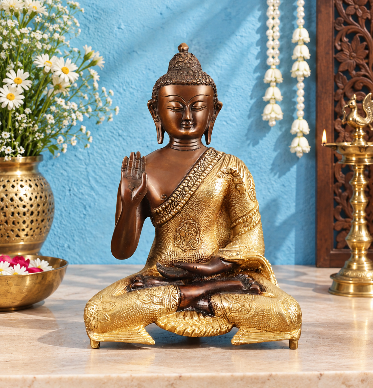 Brassaura® Buddha Sitting in Blessing Mudra with Dual-Tone Brown & Gold Finish | Pure Superfine Brass Handcrafted Murti | Brass Statue for Home Temple, Pooja Room | Height 11 Inches | Weight 3.55 Kgs
