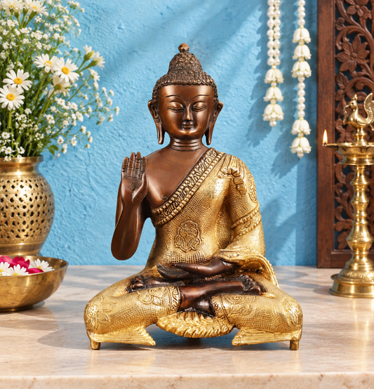 Brassaura® Buddha Sitting in Blessing Mudra with Dual-Tone Brown & Gold Finish | Pure Superfine Brass Handcrafted Murti | Brass Statue for Home Temple, Pooja Room | Height 11 Inches | Weight 3.55 Kgs