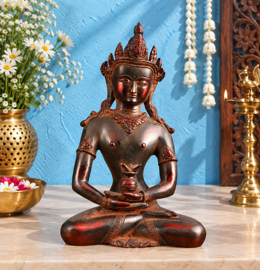 Brassaura® Crowned Buddha Sitting in Meditation Pose with Antique Red Finish | Pure Superfine Brass Handcrafted Murti | Brass Statue for Home Temple, Pooja Room | Height 13 Inches | Weight 5.16 Kgs