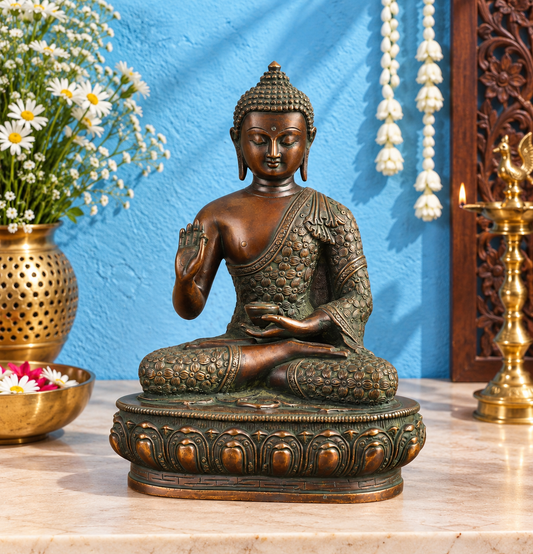 Brassaura® Buddha Sitting in Blessing Mudra with Antique Dark Brass Finish | Pure Superfine Brass Handcrafted Murti | Brass Statue for Home Temple, Pooja Room | Height 13.5 Inches | Weight 6.8 Kgs