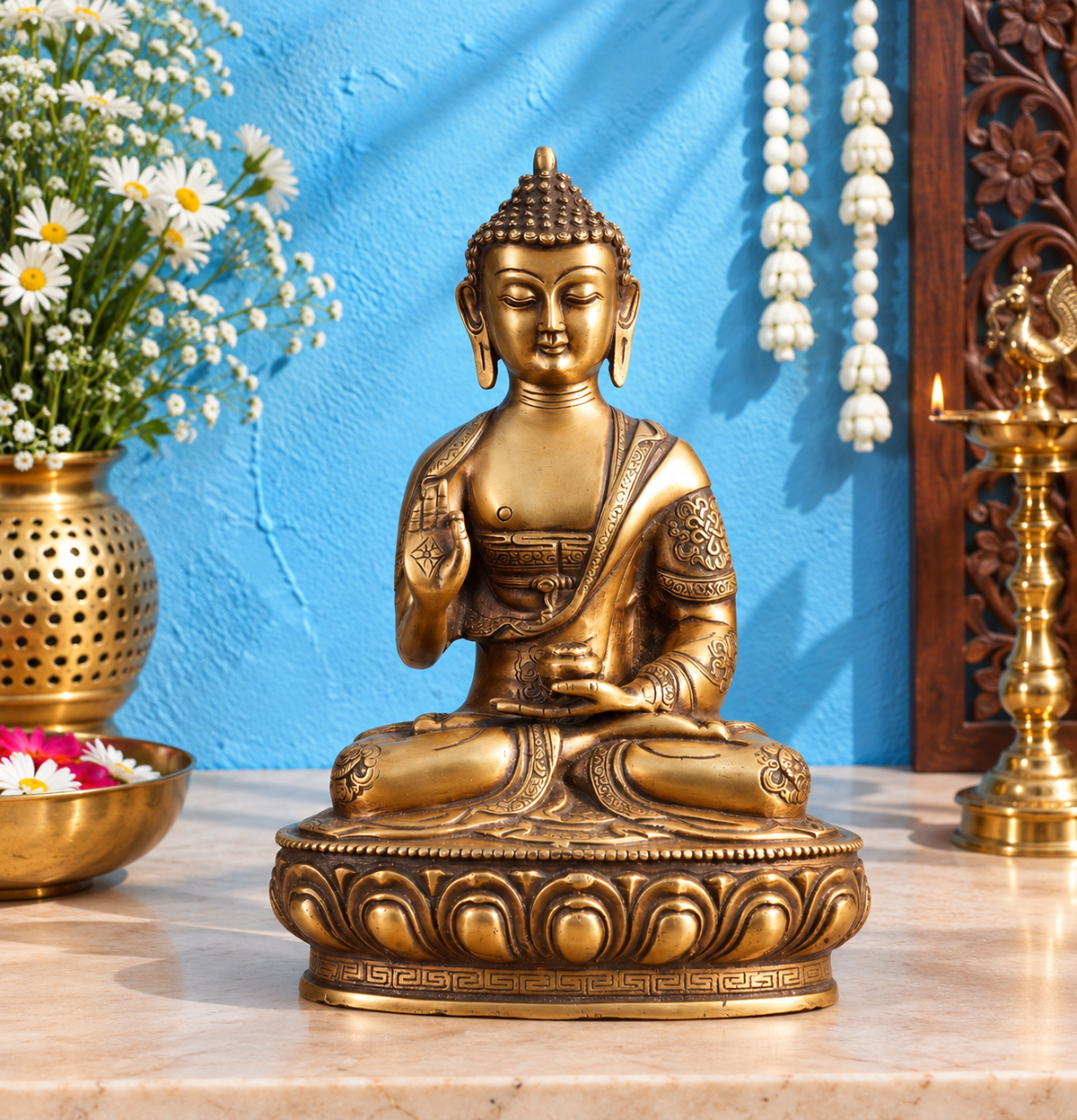 Brassaura® Buddha Sitting in Blessing Mudra with Dual-Tone Brown & Gold Finish | Pure Superfine Brass Handcrafted Murti | Brass Statue for Home Temple, Pooja Room | Height 12.5 Inches | Weight 4.4 Kgs