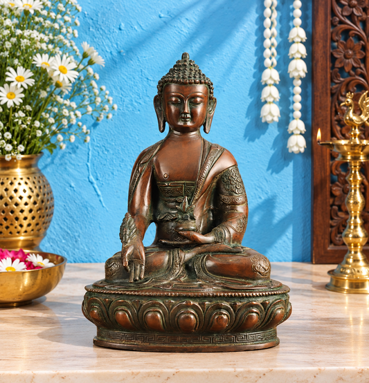 Brassaura® Medicine Buddha Sitting in Healing Mudra with Antique Tone Finish | Pure Superfine Brass Handcrafted Murti | Brass Statue for Home Temple, Pooja Room | Height 12 Inches | Weight 4.58 Kgs