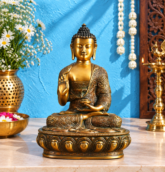 Brassaura® Buddha Sitting in Meditation Pose with Antique Brass Finish | Pure Superfine Brass Handcrafted Murti | Brass Statue for Home Temple, Pooja Room | Height 12 Inches | Weight 5.05 Kgs