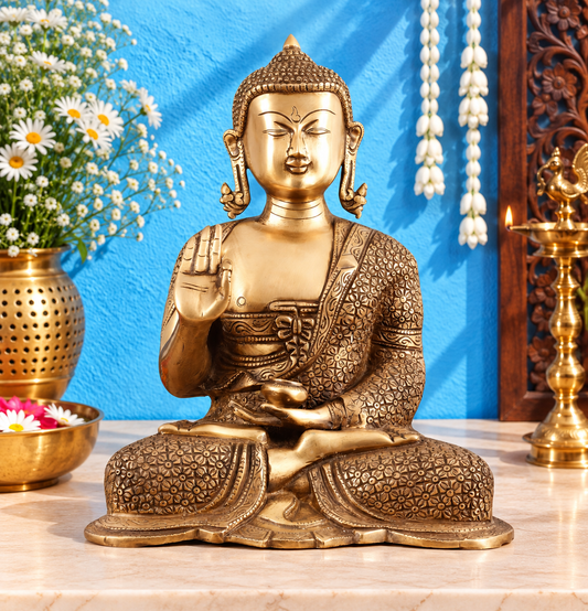 Brassaura® Buddha Sitting in Blessing Mudra with Antique Burnt Brass Finish | Pure Superfine Brass Handcrafted Murti | Brass Statue for Home Temple, Pooja Room | Height 15 Inches | Weight 14.01 Kgs