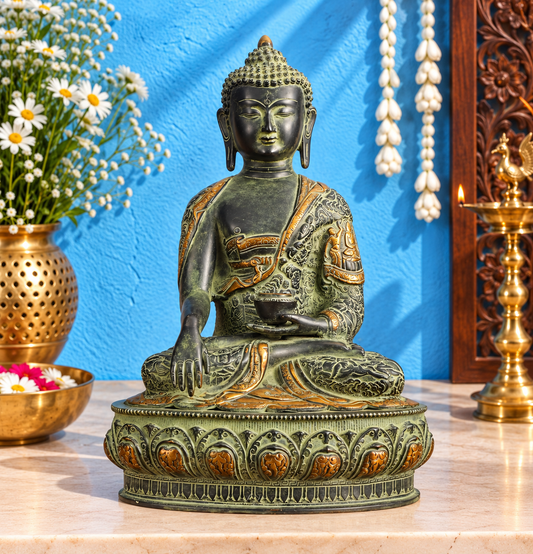 Brassaura® Buddha Sitting in Bhumisparsha Mudra with Antique Sand Finish & Life-Story Engraving | Pure Superfine Brass Handcrafted Murti | Brass Statue for Home Temple, Pooja Room | Height 15.5 Inches | Weight 7.81 Kgs