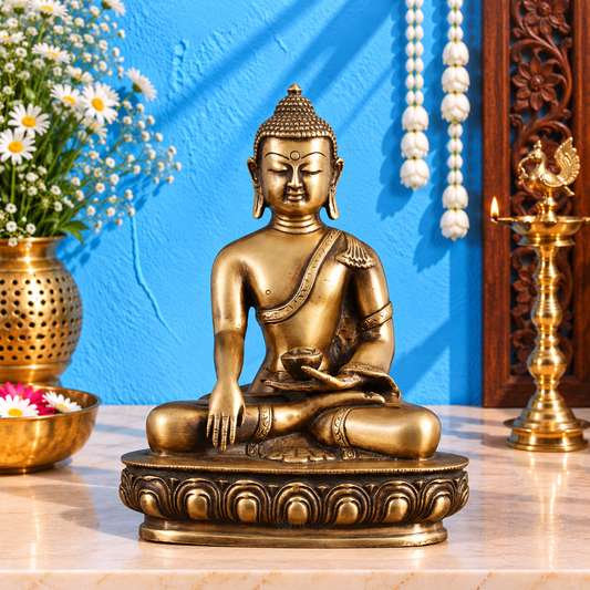 Brassaura® Buddha Sitting in Bhumisparsha Mudra with Hand-Down Pose & Antique Tone Finish | Pure Superfine Brass Handcrafted Murti | Brass Statue for Home Temple, Pooja Room | Height 9.5 Inches | Weight 2.73 Kgs