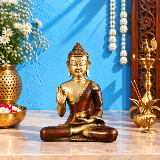 Brassaura® Buddha Sitting in Blessing Mudra with Dual-Tone Brown & Gold Finish | Pure Superfine Brass Handcrafted Murti | Brass Statue for Home Temple, Pooja Room | Height 7.5 Inches | Weight 1.8 Kgs