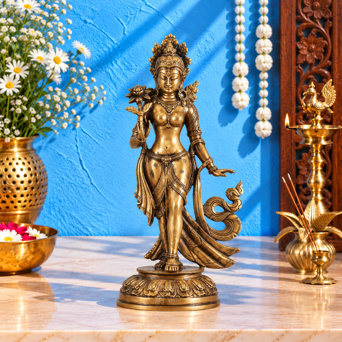 Brassaura® Tibetan Standing Green Tara Devi with Traditional Flowing Garments | Pure Superfine Brass Handcrafted Murti | Brass Statue for Home Temple, Pooja Room | Height 15 Inches | Weight 4 Kgs