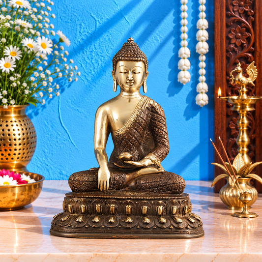 ब्रसारा™ शुद्ध पीतल बुद्ध प्रतिमा भूमि निर्वाण मुद्रा में - ऊँचाई 10.5 इंच, वज़न 3.33 किलोग्राम