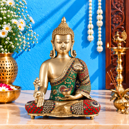 ब्रैसॉरा™ शुद्ध पीतल की मेडिसिन हीलिंग बुद्ध प्रतिमा (मीनाकारी कार्य सहित) - ऊंचाई 16 इंच, वज़न 11 किलोग्राम