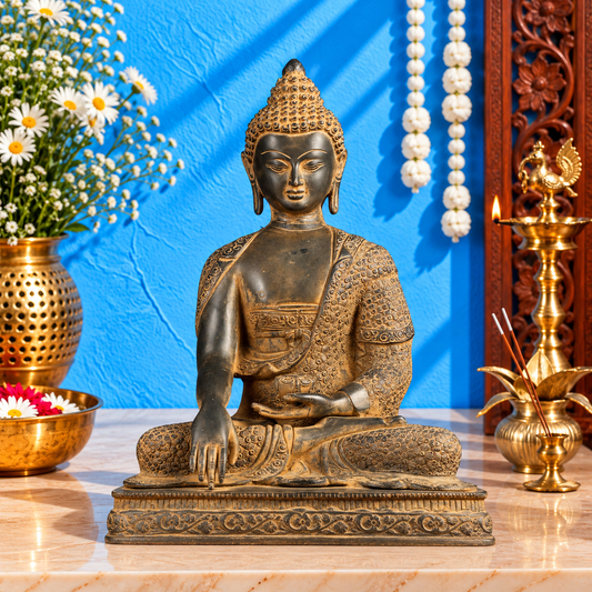 ब्रसौरा™ शुद्ध पीतल की बुद्ध प्रतिमा - भूमिस्पर्श मुद्रा, औषधि पात्र सहित - ऊंचाई 16 इंच, वज़न 11 कि.ग्रा.