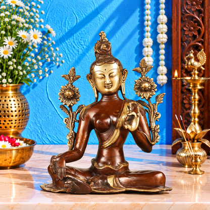 ब्रासौरा™ शुद्ध पीतल की हरी तारा मूर्ति – ऊँचाई 13 इंच, वज़न 6.2 किलोग्राम