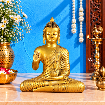 Brassaura® Buddha Sitting in Abhaya Mudra with Blessing Pose & Antique Gold Finish | Pure Superfine Brass Handcrafted Murti | Brass Statue for Home Temple, Pooja Room | Height 14 Inches | Weight 7 Kgs