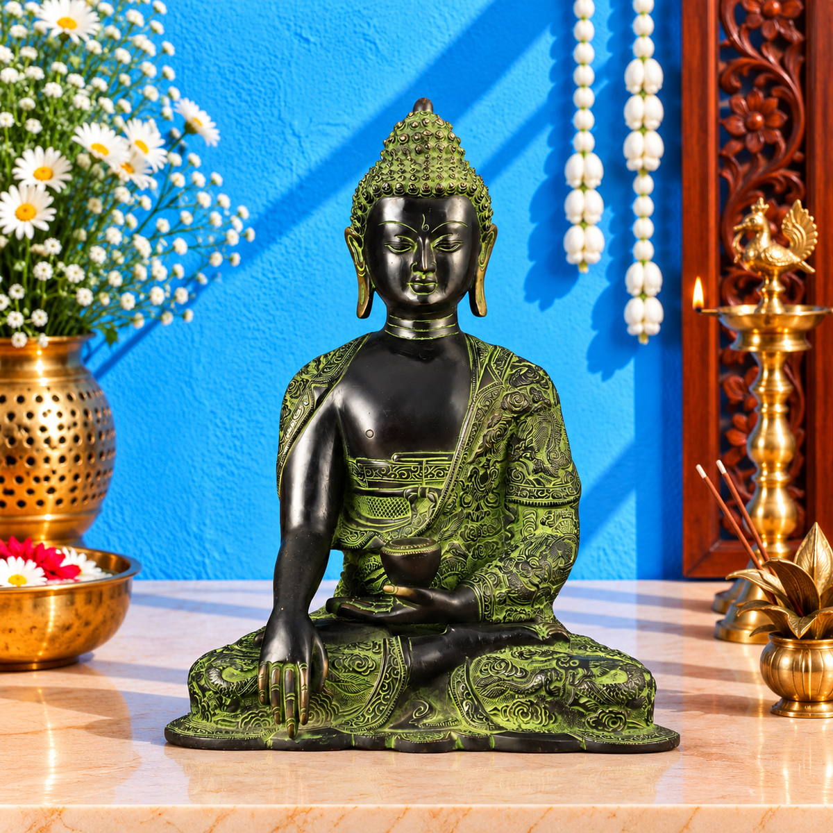Brassaura® Buddha Sitting in Bhoomisparsha Nirvana Mudra with Dragon Carvings & Black Green Patina Finish | Pure Superfine Brass Handcrafted Murti | Brass Statue for Home Temple, Pooja Room | Height 14 Inches | Weight 7 Kgs
