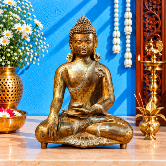 ब्रासौड़ा™ ब्रास भूमिस्पर्श बुद्ध प्रतिमा – निर्वाण मुद्रा – ऊंचाई 21 इंच, वजन 16 किलो