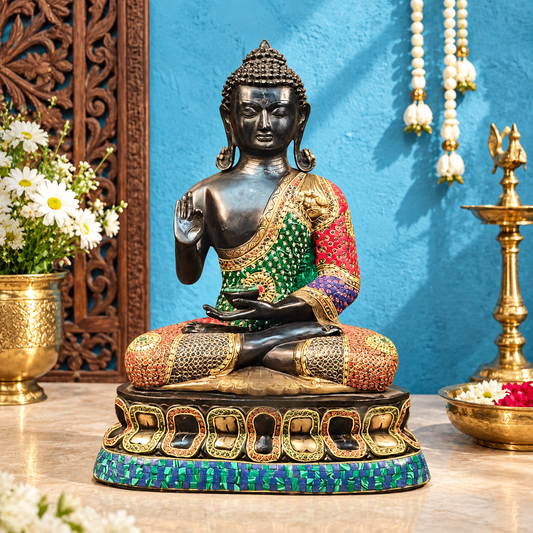 ब्रासौराव™ हस्तनिर्मित पीतल बुद्ध प्रतिमा – अभय आशीर्वाद मुद्रा – ऊंचाई 24 इंच, वज़न 16 किलोग्राम