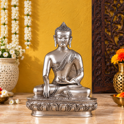 Brassaura® Buddha Sitting in Blessing Mudra with Silver Plated Finish | Pure Superfine Brass Handcrafted Murti | Brass Statue for Home Temple, Pooja Room | Height 10 Inches | Weight 3.61 Kgs
