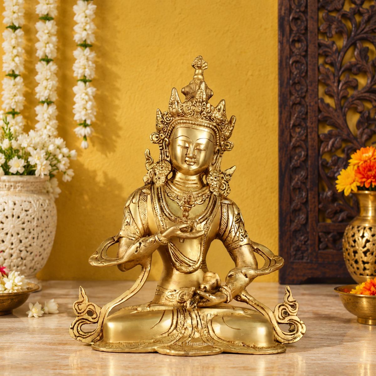 Brassaura® Vajrasattva Buddhist Deity Sitting in Meditation Pose with Golden Brass Finish | Pure Superfine Brass Handcrafted Murti | Brass Statue for Home Temple, Pooja Room | Height 10.5 Inches | Weight 2.8 Kgs