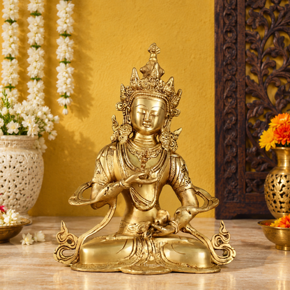 Brassaura® Vajrasattva Buddhist Deity Sitting in Meditation Pose with Golden Brass Finish | Pure Superfine Brass Handcrafted Murti | Brass Statue for Home Temple, Pooja Room | Height 10.5 Inches | Weight 2.8 Kgs