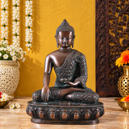 ब्रसौर™ शुद्ध पीतल की एंटीक मेडिसिन बुद्ध प्रतिमा – ऊंचाई 13.5 इंच, वज़न 6.8 किलोग्राम