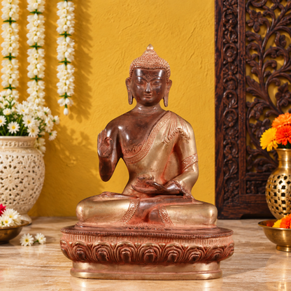 Brassaura® Buddha Sitting in Blessing Pose with Green Antique Finish | Pure Superfine Brass Handcrafted Murti | Brass Statue for Home Temple, Pooja Room | Height 10.5 Inches | Weight 3.42 Kgs