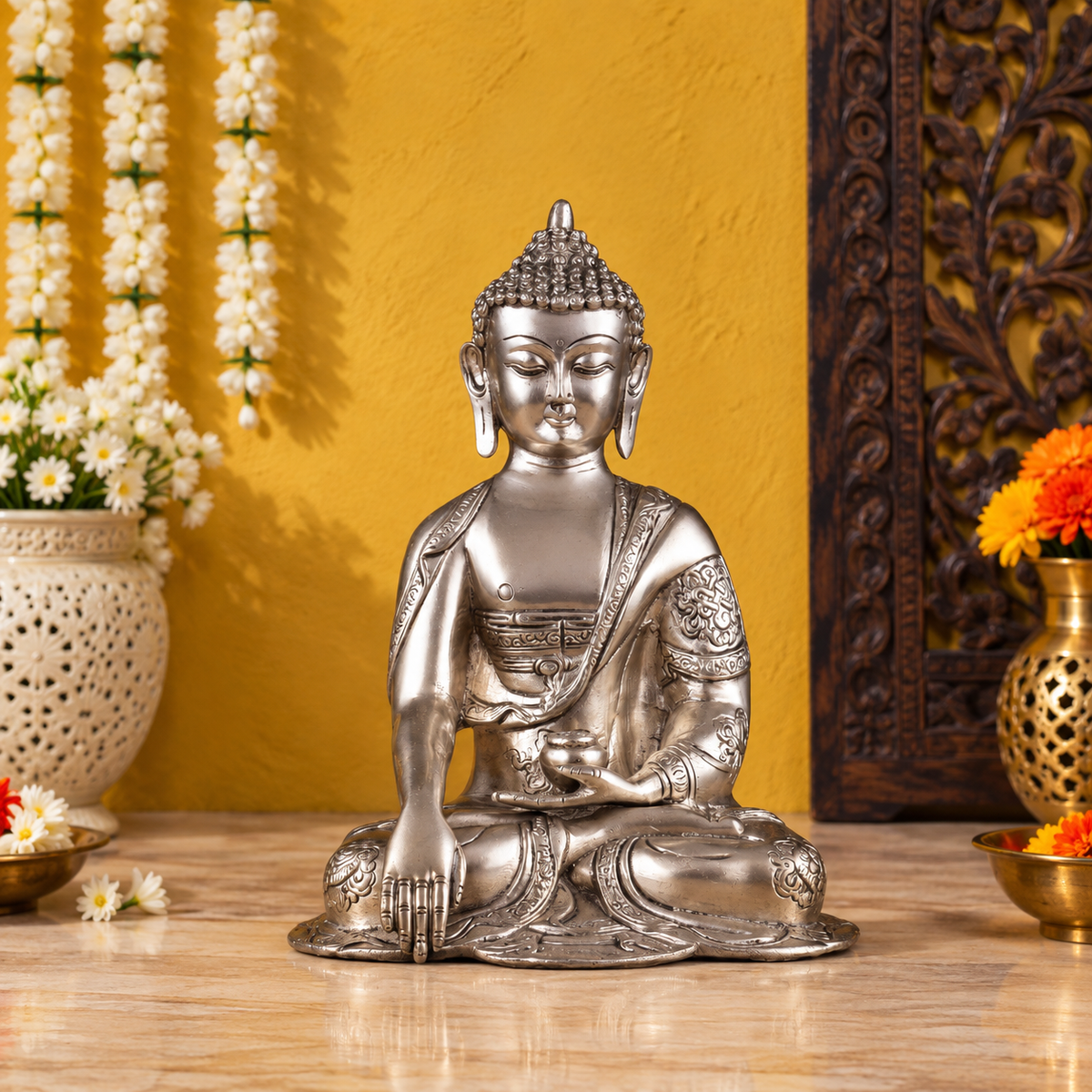 Brassaura® Buddha Sitting in Abhaya Mudra with Silver Plated Finish | Pure Superfine Brass Handcrafted Murti | Brass Statue for Home Temple, Pooja Room | Height 10 Inches | Weight 2.8 Kgs