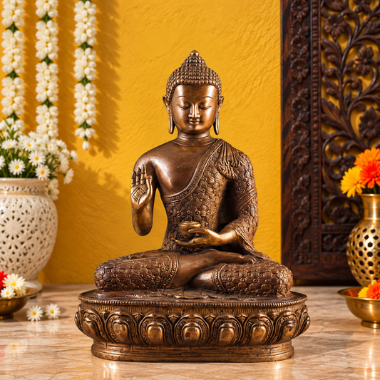 Brassaura® Buddha Sitting in Abhaya Mudra Blessing Pose with Burnt Copper Antique Finish | Pure Superfine Brass Handcrafted Murti | Brass Statue for Home Temple, Pooja Room | Height 13.5 Inches | Weight 6.8 Kgs