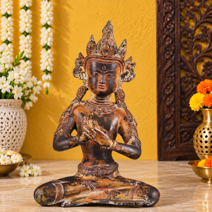 Brassaura® Buddha Sitting in Dharma Chakra Mudra with Vintage Antique Brass Finish | Pure Superfine Brass Handcrafted Murti | Brass Statue for Home Temple, Pooja Room | Height 10 Inches | Weight 3.27 Kgs