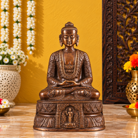Brassaura® Buddha Sitting in Meditation Pose with Dual-Tone Brown & Gold Finish | Pure Superfine Brass Handcrafted Murti | Brass Statue for Home Temple, Pooja Room | Height 7 Inches | Weight 1.4 Kgs