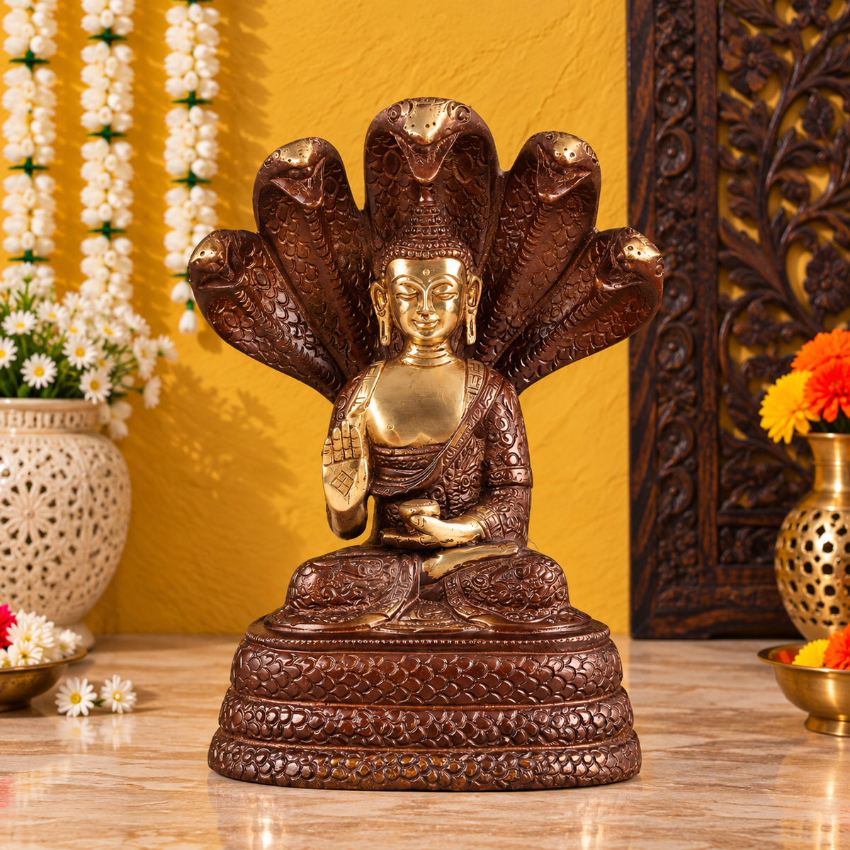Brassaura® Buddha Under Serpent Muchalinda in Blessing Pose with Antique Brown Brass Finish | Pure Superfine Brass Handcrafted Murti | Brass Statue for Home Temple, Pooja Room | Height 8 Inches | Weight 2.33 Kgs
