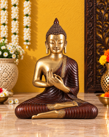 Brassaura™ शुद्ध पीतल की बुद्ध प्रतिमा धर्मचक्र मुद्रा में – ऊंचाई 14 इंच, वज़न 7 किलोग्राम