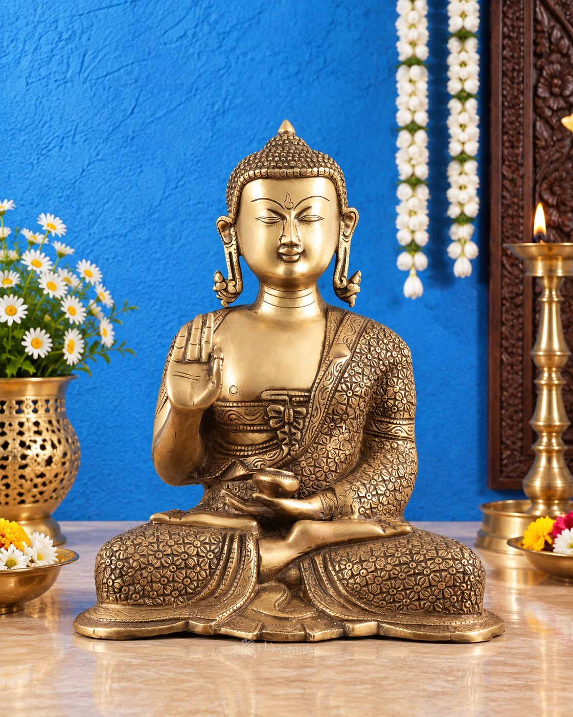 Brassaura™ एंटीक बर्न्ट ब्रास फिनिश बुद्ध प्रतिमा - ऊंचाई 15 इंच, वज़न 14.01 किलोग्राम