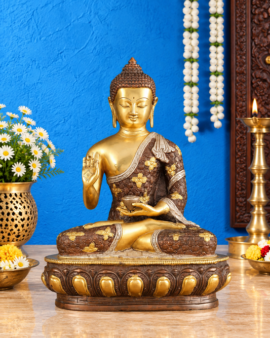 Brassaura® Buddha Sitting in Abhaya Mudra with Three-Tone Copper, Silver & Brass Gold Finish | Pure Superfine Brass Handcrafted Murti | Brass Statue for Home Temple, Pooja Room | Height 13 Inches | Weight 6.66 Kgs