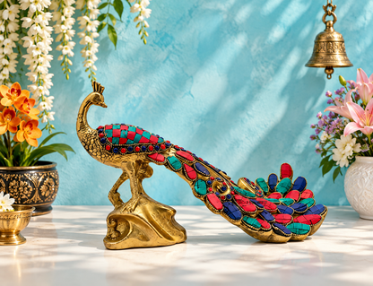 Brassaura® Brass Peacock Showpiece with Gem Stone Work | Handcrafted Decorative Artwork | Height 7.9 Inches & Weight 2.6 Kgs