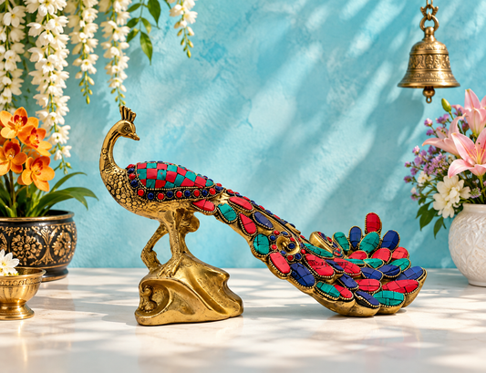 Brassaura® Brass Peacock Showpiece with Gem Stone Work | Handcrafted Decorative Artwork | Height 7.9 Inches & Weight 2.6 Kgs