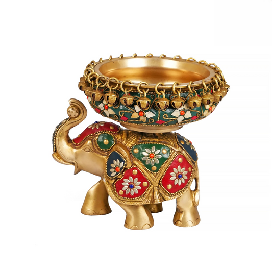 Brassaura® Brass Elephant Urli with Stone Work | Height 7.5 Inches