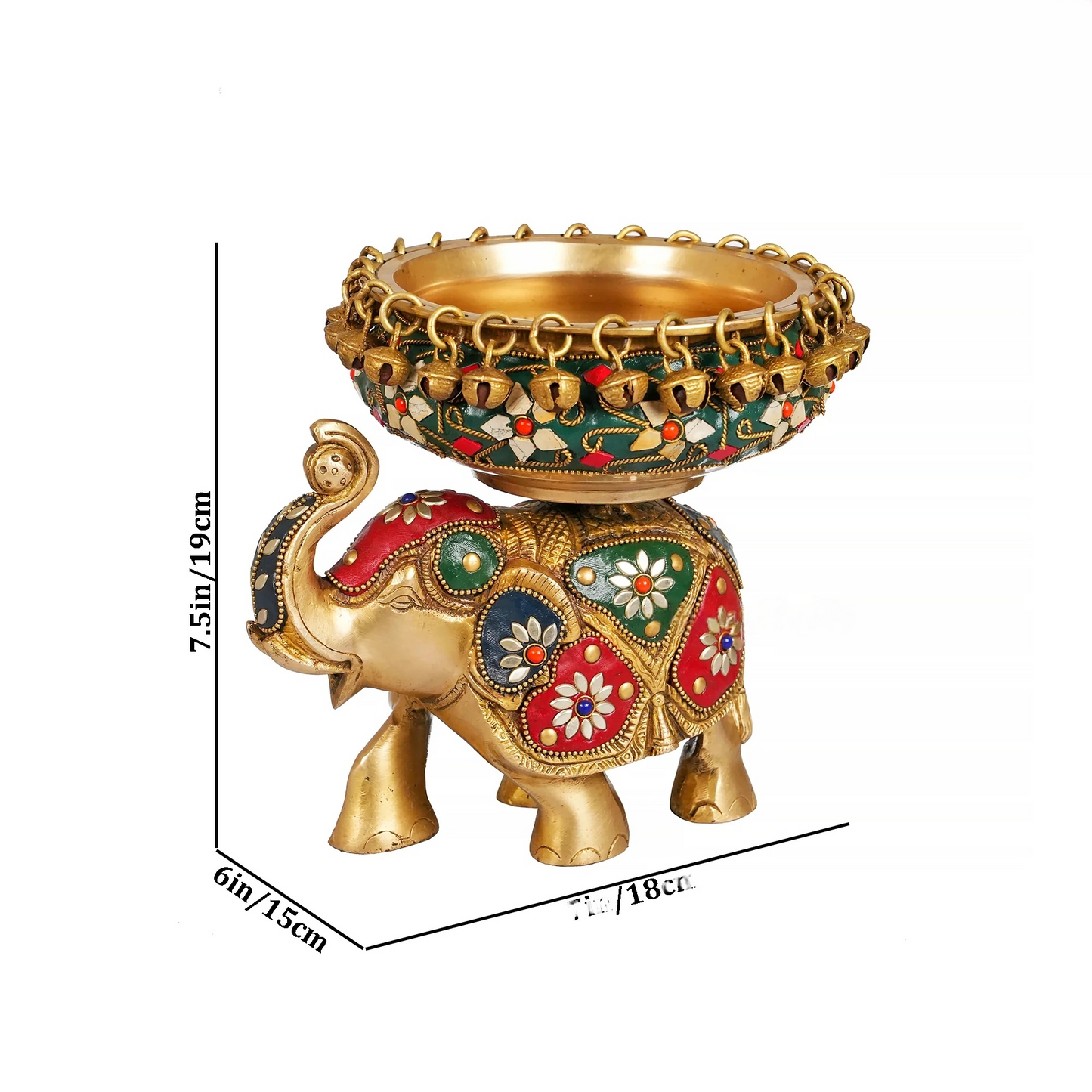 Brassaura® Brass Elephant Urli with Stone Work | Height 7.5 Inches