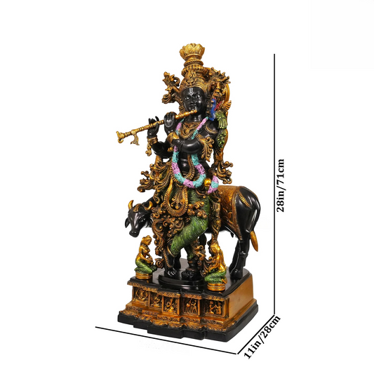 Brassaura® Krishna with Cow Brass Statue | Pure Brass with Hand-Painted Detailing | Height 32 Inches