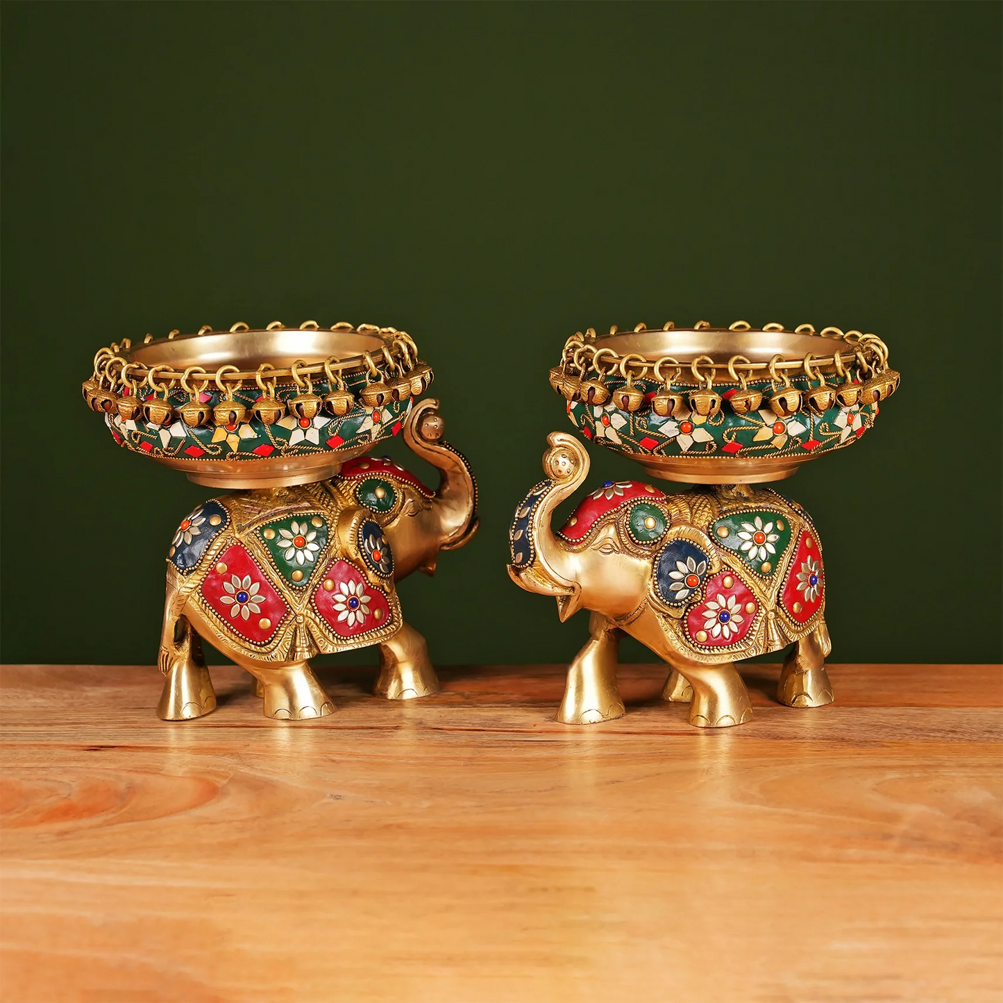 Brassaura® Brass Elephant Urli with Stone Work | Height 7.5 Inches