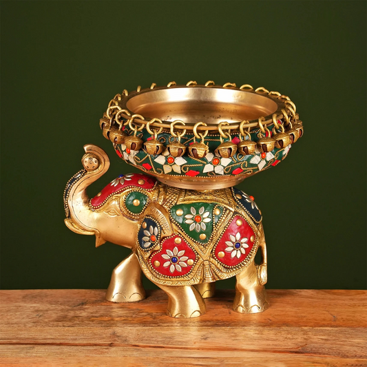Brassaura® Brass Elephant Urli with Stone Work | Height 7.5 Inches
